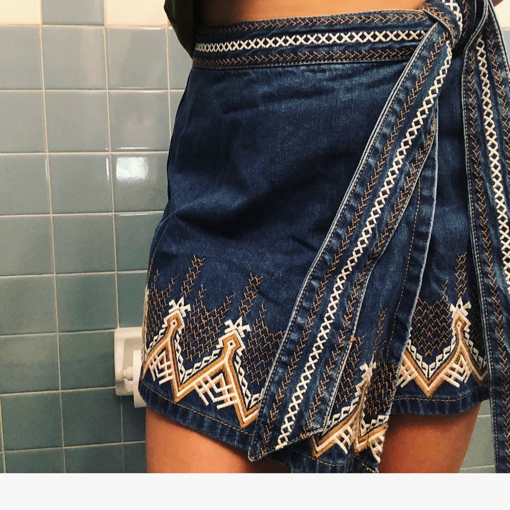 Embroidered wrap around denim skirt